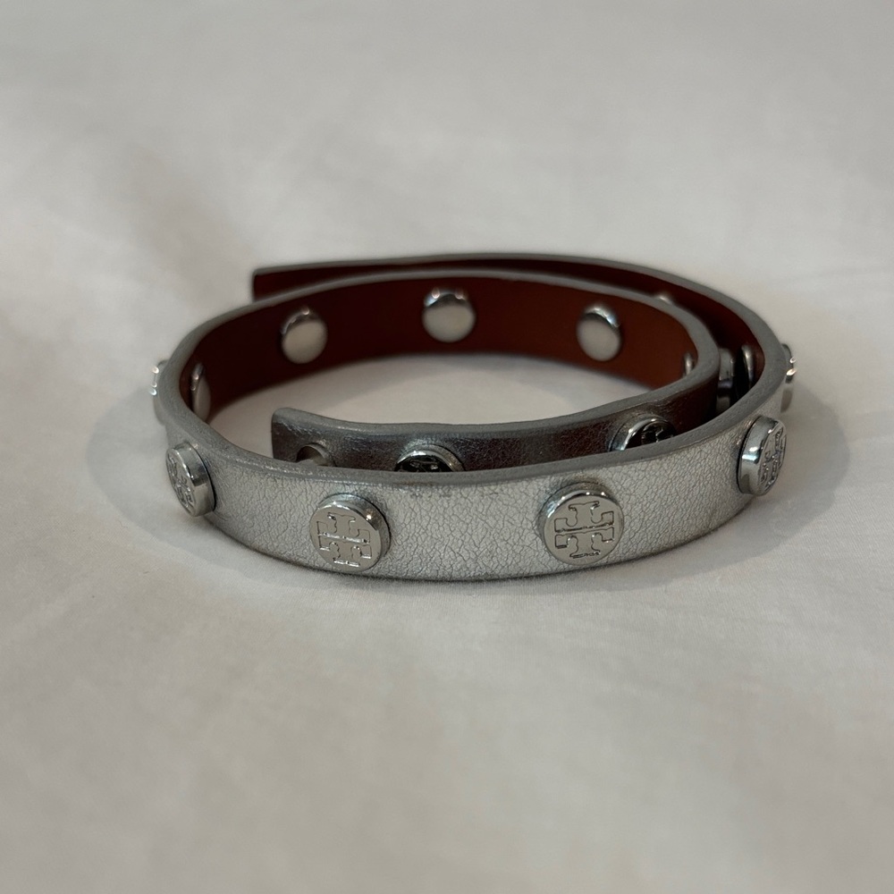 Tory Burch Silver Leather Stud Wrap Bracelet
